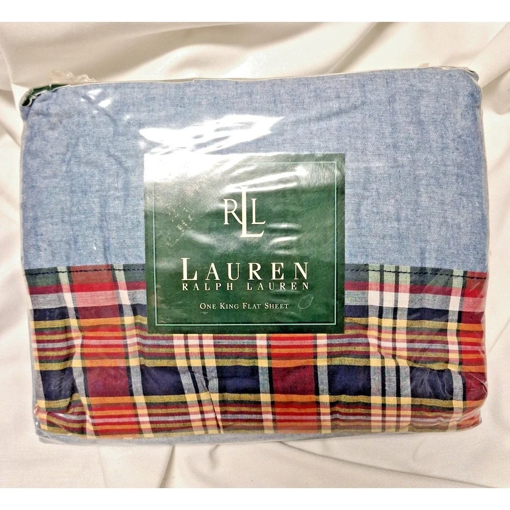 Vintage Ralph Lauren KING Flat KENNEBUNKPORT Plaid Blue Chambray Sheet Rare New